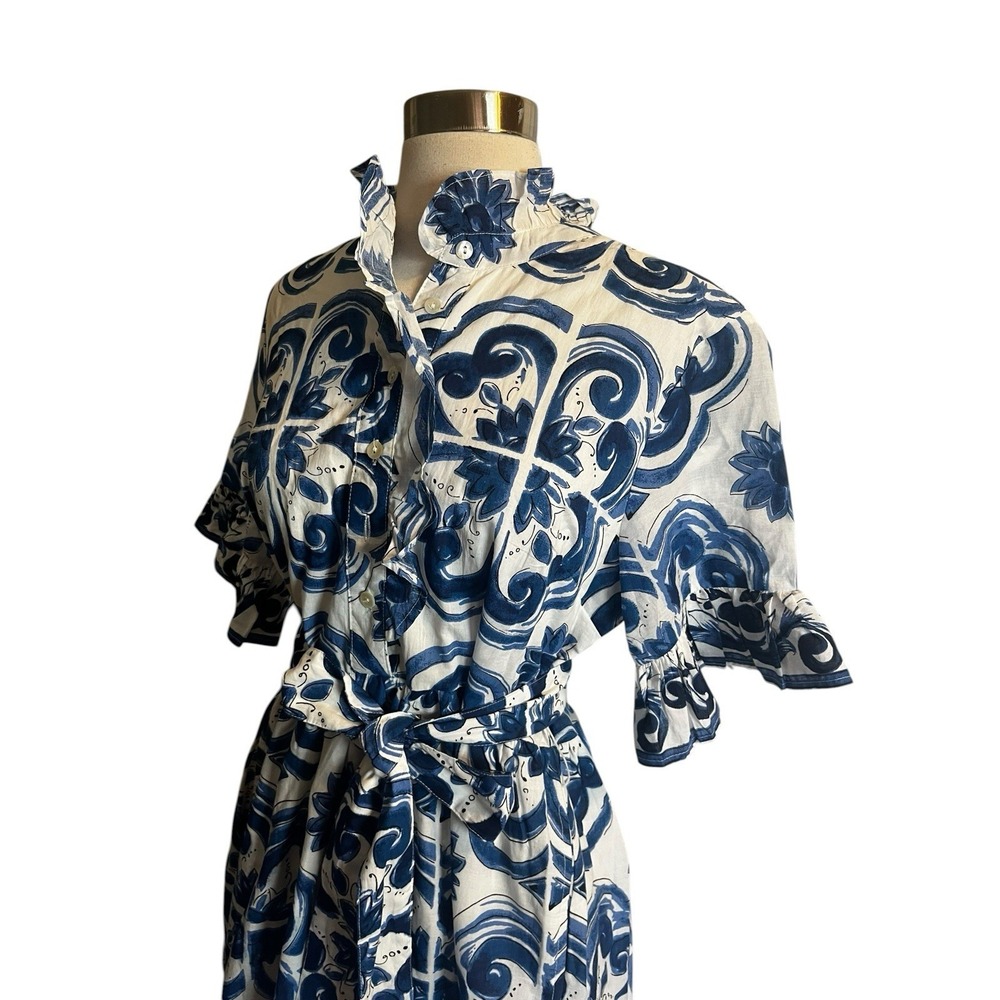 Uncle Frank Tile Pattern Dress Size Small Blue White Ruffle Collar Belted - Picture 5 of 10
